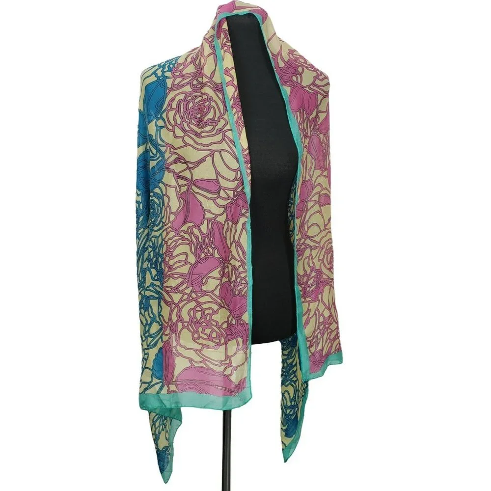Vintage Space‎ Age Women's Scarf Multicolor Pink Blue Green Floral Sheer Striped